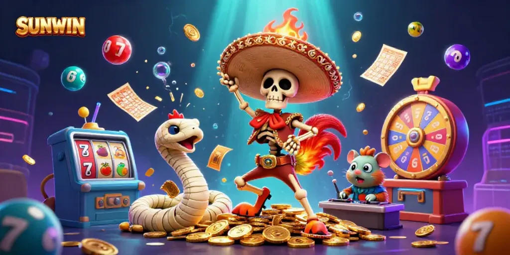 Experience the excitement of SUNWIN with a vibrant and dynamic 3D casino illustration featuring characters and animated elements.