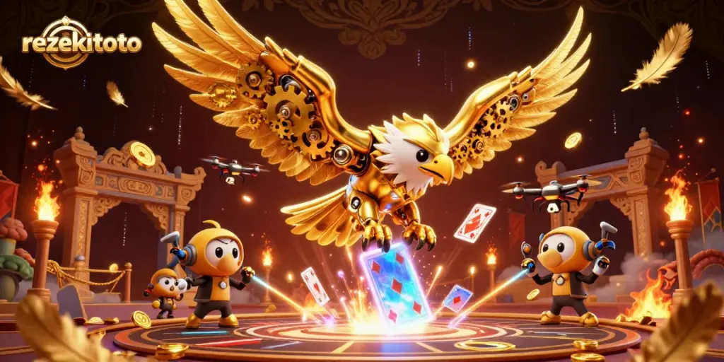 Experience the thrill of rezekitoto with a dynamic scene of a golden eagle soaring through holographic cards amidst an energetic casino atmosphere.